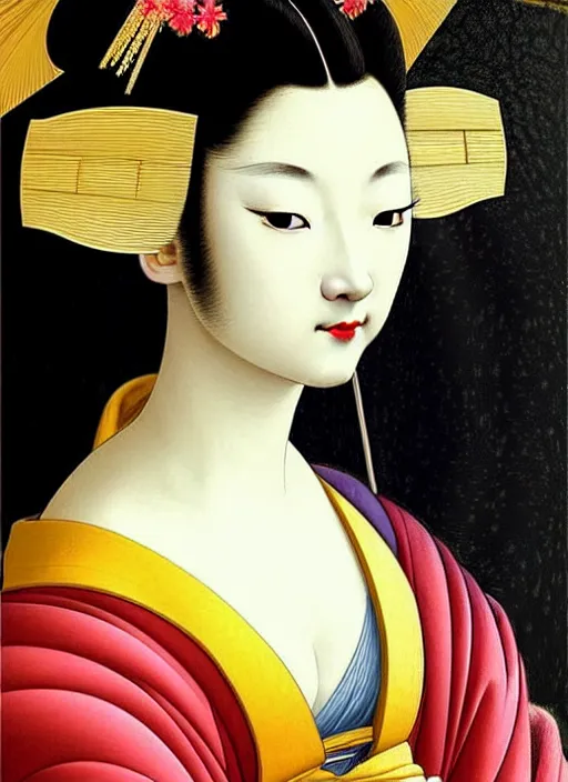 Prompt: glamorous and sexy young Geisha portrait, beautiful pale makeup, pearlescent skin, elegant pose, very detailed face, highly detailed kimono, photorealism, sharp focus, soft diffuse autumn lights, some sunlight ray, zen temple and smoky background, masterpiece painted by Leonardo da vinci and moebius and Sandro botticelli