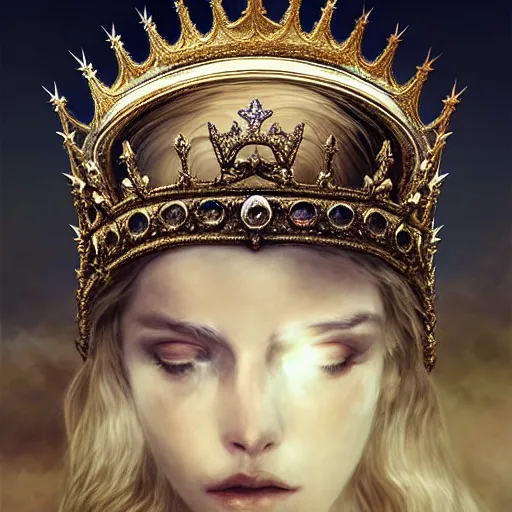 Image similar to elegant king's crown made of wings, delicate, fantasy, intricate, elegant, dramatic lighting, emotionally evoking symbolic metaphor, highly detailed, lifelike, photorealistic, digital painting, artstation, concept art, smooth, sharp focus, illustration, art by John Collier and Albert Aublet and Krenz Cushart and Artem Demura and Alphonse Mucha