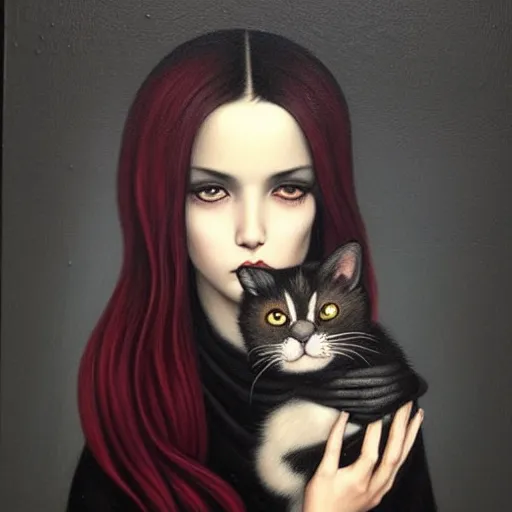 Prompt: a painting of an emo mexican woman holding a cat, a photorealistic painting by tom bagshaw and ( ( ( mark ryden ) ) ), trending on deviantart, gothic art, ilya kuvshinov, goth, storybook illustration