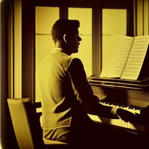 Image similar to attractive male, playing piano, low - key lighting, vaporwave, daguerrotype