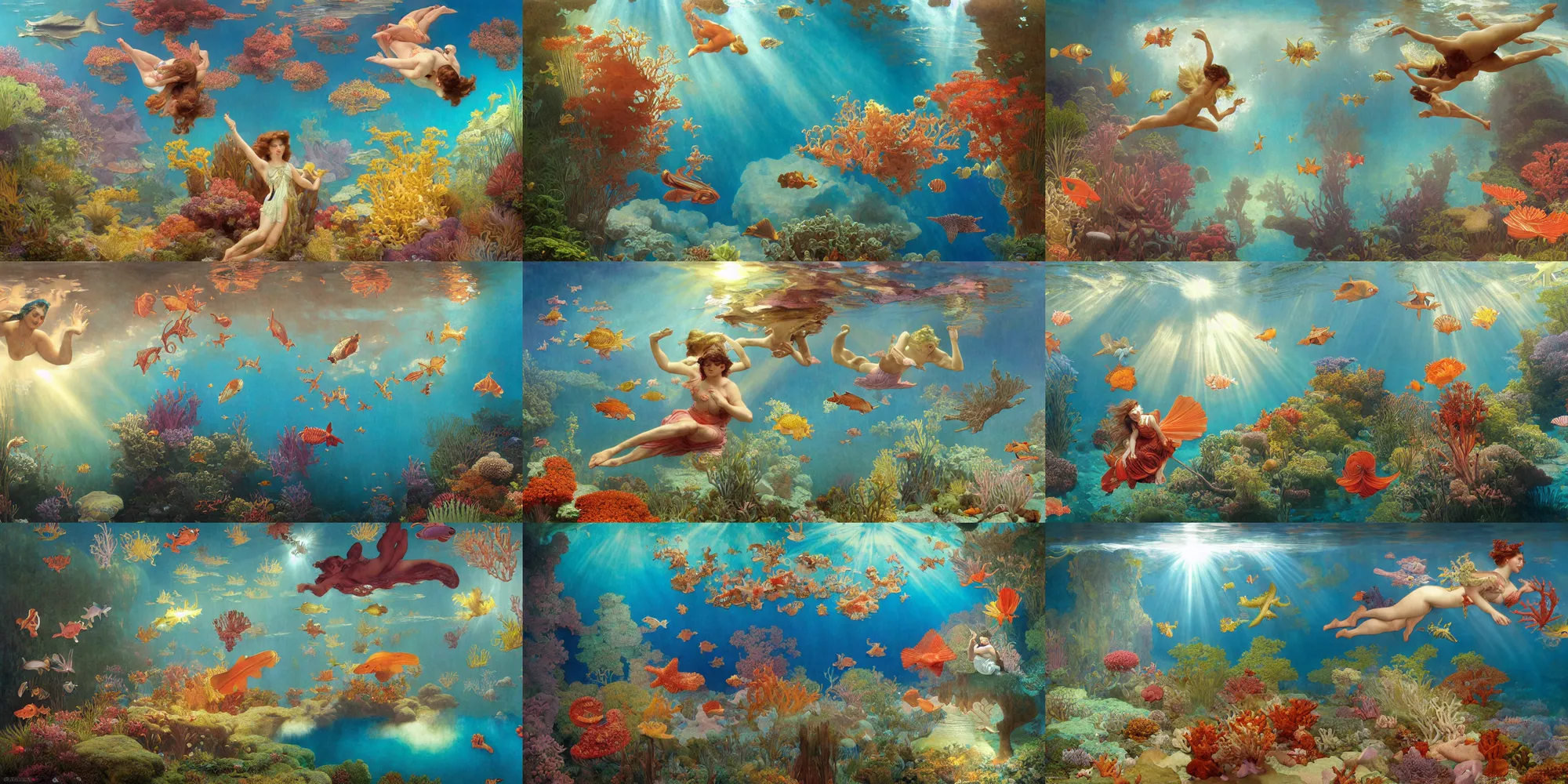 Prompt: Realistic Underwater environment landscape, rainbow coral forest, sea butterflies, fantasy flowers, bloom, god rays, cinematic lighting, by Luis Ricardo Falero, by Norman Rockwell, by Maxfield Parrish, by Alphonse Mucha, by Bouguereau, by Rubens, fantasy, portfolio illustration, highly detailed, trending on Artstation, CGsociety, Pixologic top row, rendered in Octane, rendered in Arnold, HQ, 8k, 35mm lens, f2.8, Bokeh,