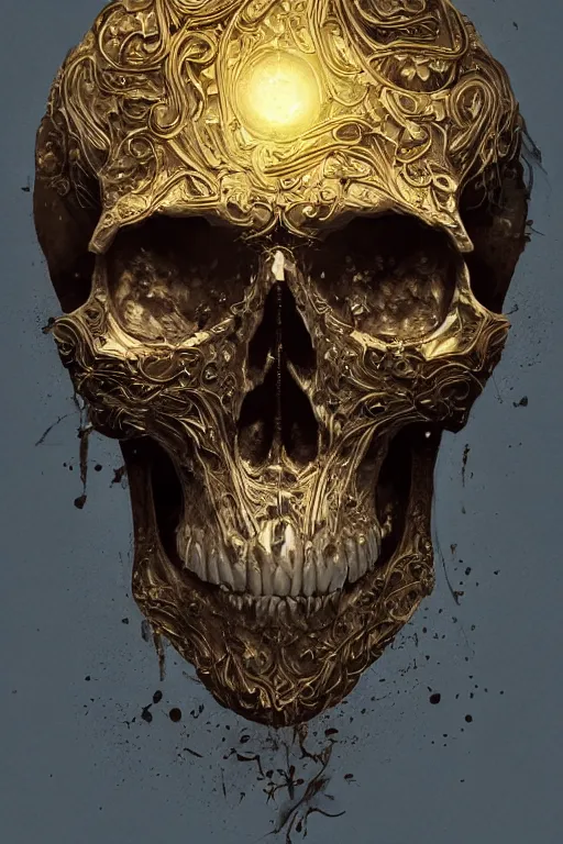 Image similar to skull, close - up portrait, powerful, intricate, elegant, volumetric lighting, digital painting, highly detailed, artstation, sharp focus, illustration, concept art, black ink pen, small gold leaf flake accents