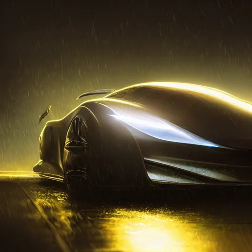 Image similar to detailed intricate digital illustration by greg rutkowski and artgerm and wlop ; 2 0 2 4 concept car electric vehicle, sharp, smooth, closeup editorial photograph ; bright, glowing, led headlights and sleek design ; sharp focus, depth of field, rain, motion blur, cinematic angle and composition, golden hour