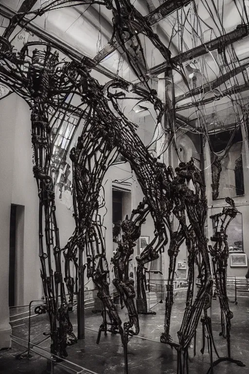 Image similar to inside a museum, a room where body parts are piece of arts at night biomechanical, filth and grim, wires and strings, very detailed, ultra realistic photography, grainy image