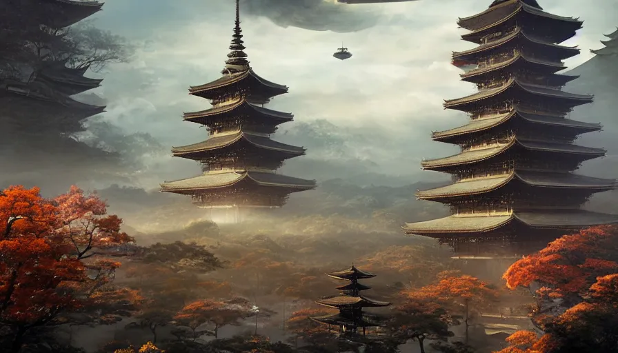 Prompt: a giant alien ufo high tech spaceship eerily hovering on ancient kyoto city landscape with beautiful pagodas by greg rutkowski, artgerm, ross tran, magali villeneuve, intricate, time travel theme, audince in awe, spectacle, audience sorrounding, award winning, octane render, masterpiece, 8 k, beautiful