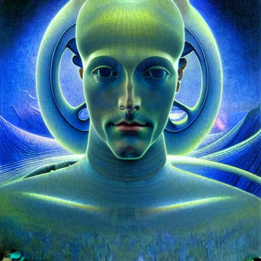 Image similar to realistic extremely detailed portrait painting of a glowing male silhouette, futuristic sci-fi landscape on background by Jean Delville, Amano, Yves Tanguy, Alphonse Mucha, Ernst Haeckel, Edward Robert Hughes, Roger Dean, rich moody colours, blue eyes