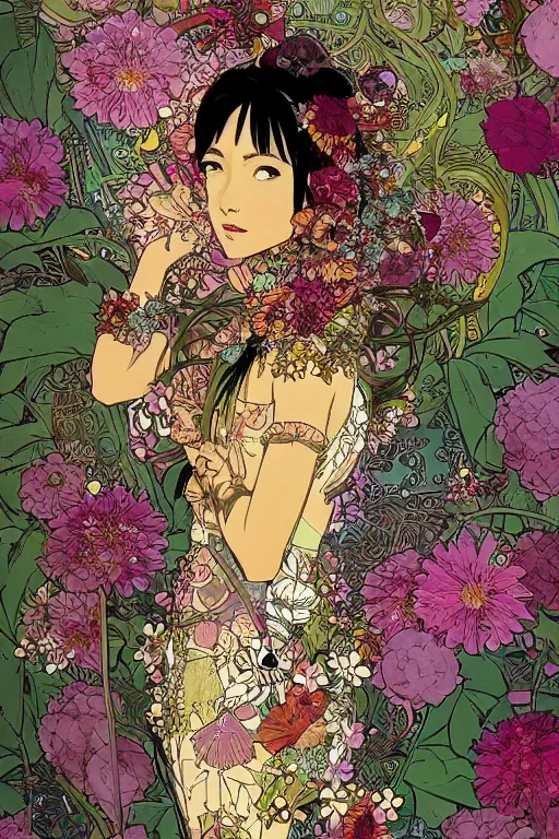 Prompt: beautiful floralpunk cyborg portrait girl female illustration detailed patterns art of bali traditional dress, flower pop art, floral splash painting, art by geof darrow, ashley wood, alphonse mucha, makoto shinkai