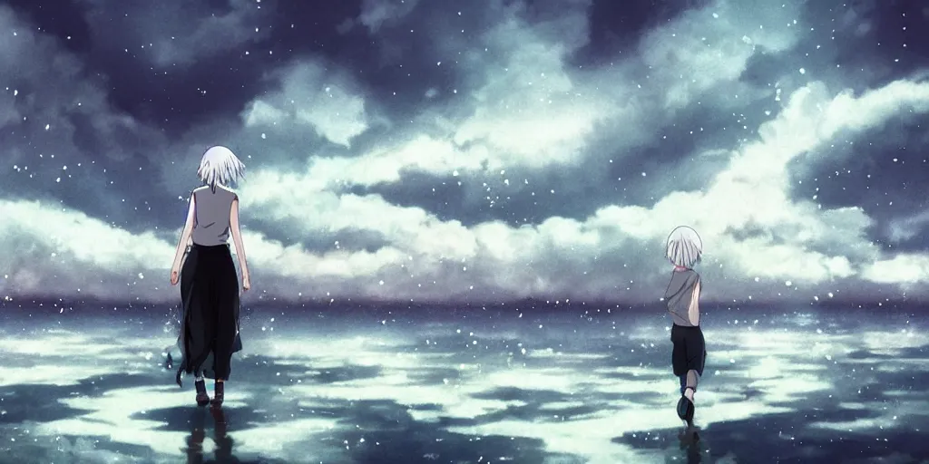 Prompt: white haired girl walking in flooded cloud palace night, dreamscape, cinematic, vibrant dark colors anime illustration by studio ghibli