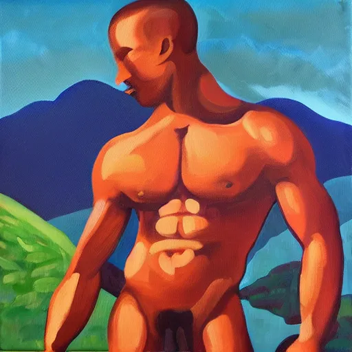 Prompt: “buff guy on mountain oil on canvas”