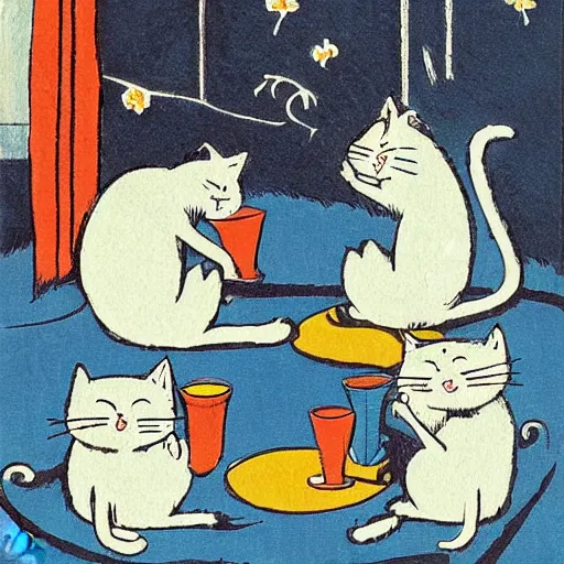 Image similar to cats drinking cups of coffee, in the style of Japanese illustration, Maurice Sendak, Tove Jansson