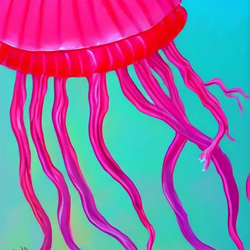 Prompt: painting of a colorful vibrant pink jellyfish swimming underwater, arcylic,