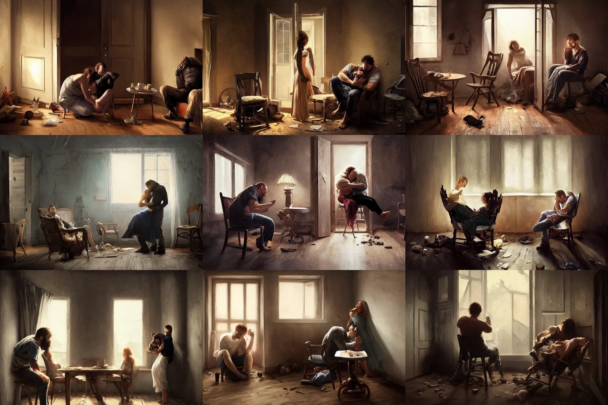 Prompt: man hunched over his wife in the darkness cradling her to comfort her, dilapidated room with furniture ( chair, armchair, beside table ) stacked against the door, cinematographic shot | painted by caravaggio and mandy jurgens and rossdraws and rhads | featured on artstation