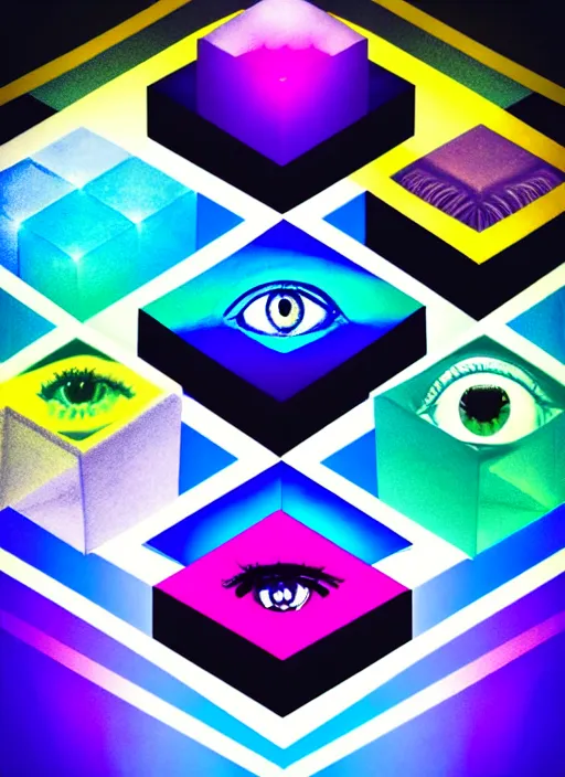 Image similar to grid montage of opticals with cube shaped iris, square shaped black dilated pupils cubes, cube shaped, detailed colored textures, lashes, advanced art, art styles mix, wet reflections in square eyecubes, sunshine light, hd macro photograph, from side, various cube eyelid positions