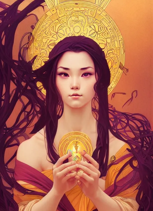 Prompt: A beautiful female monk, highly detailed, digital painting, smooth, sharp focus, symmetrical tarot illustration, art by artgerm and alphonse mucha, high definition digital art, in the style of Ross tran and ilya kuvshinov