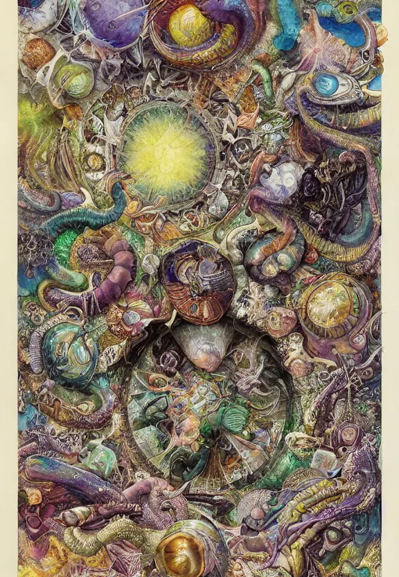 Image similar to simplicity, colorful muscular eldritch bodies and shells radiating town fractal, mandala white bones, colorful gems, brush pen, by h. r. giger and esao andrews and maria sibylla merian eugene delacroix, gustave dore, thomas moran, pop art, chiaroscuro, biopunk, art nouveau