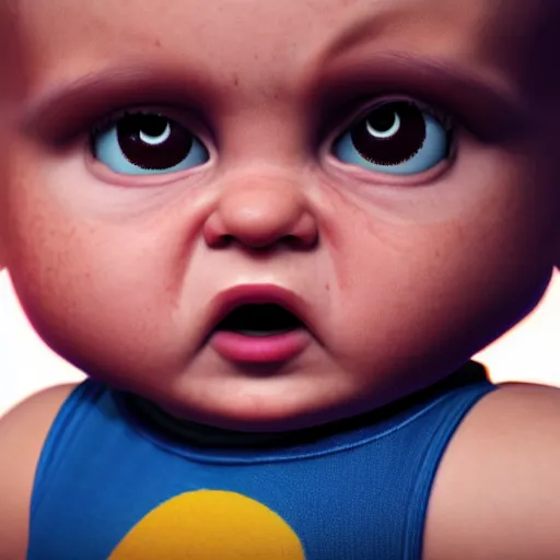 Image similar to cute angry baby, hyperrealism, hyperrealistic, cinematic masterpiece, fantasy style 8 k octane render