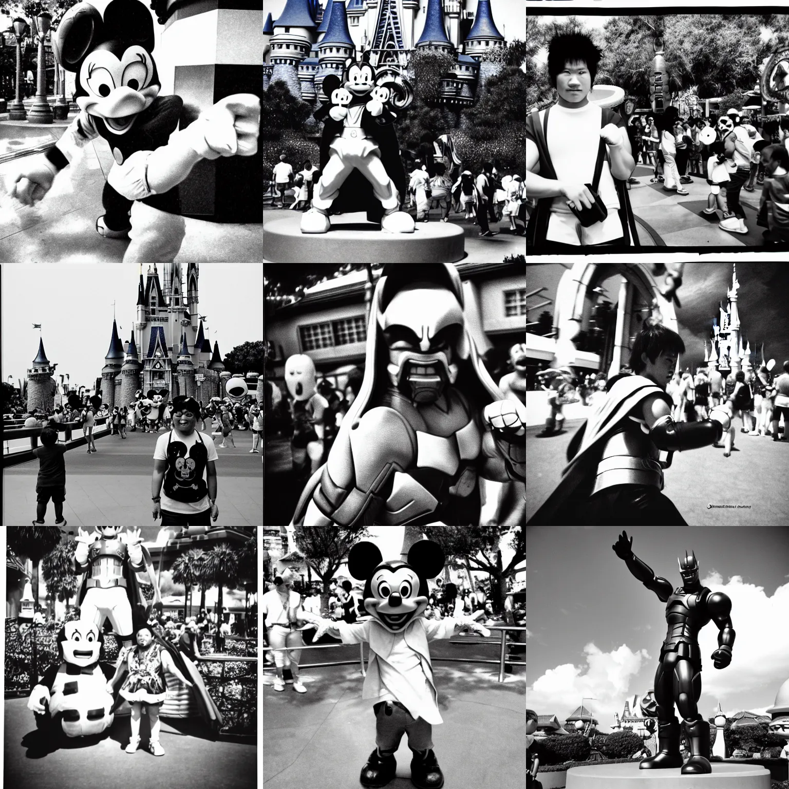 Prompt: geiru toneido fighting thanos at disney world, lomography, black&white