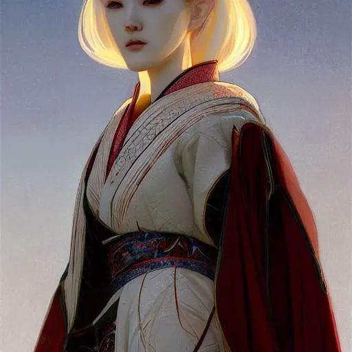 Image similar to a portrait of a beautiful tall and feminine albino supermodel maiko samurai armor, highly detailed, digital painting, artstation, concept art, sharp focus, illustration, art by artgerm and greg rutkowski and alphonse mucha