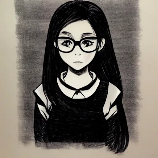 Prompt: a perfect, professional digital pen sketch of a manga schoolgirl wearing glasses, by a professional Chinese artist on ArtStation, drawn with a very expensive high-quality liner pen on high-quality paper