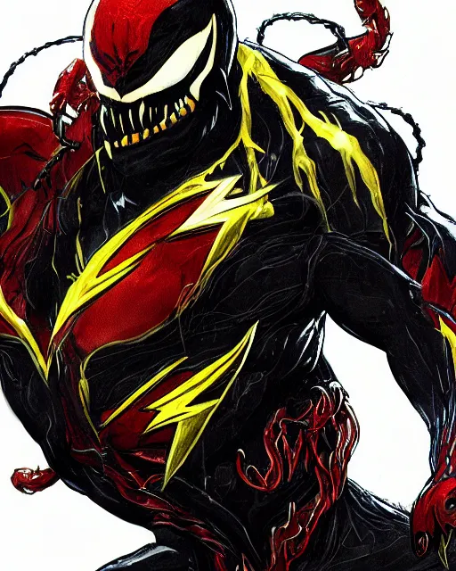Prompt: venom as the flash, dynamic lighting, fantasy concept art, trending on art station, stunning visuals, creative, cinematic, ultra detailed, comic strip style