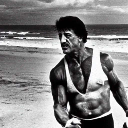 Image similar to sylvester stallone is storming the beach on D-Day, black and white historical photograph