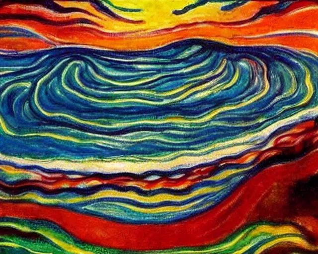 Image similar to Ocean waves in a psychedelic dream world. DMT. Landscape painting by Edvard Munch.