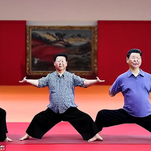 Prompt: Xi Jinping doing yoga on a theatre stage people clapping in front, in the style of Lucian Freud paintings