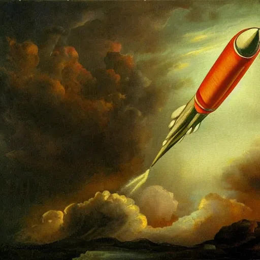 Image similar to romanticism painting of a rocket with a human face