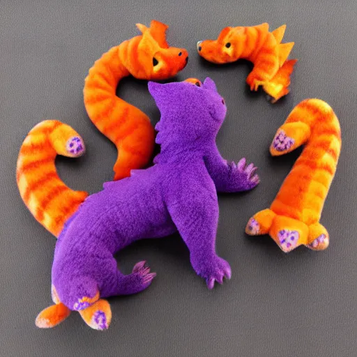 Image similar to tiny adorable purple ffantasy dragon cuddles an orange tabby cat, realistic, orange tabby cuddles purple dragon, award-winning photography