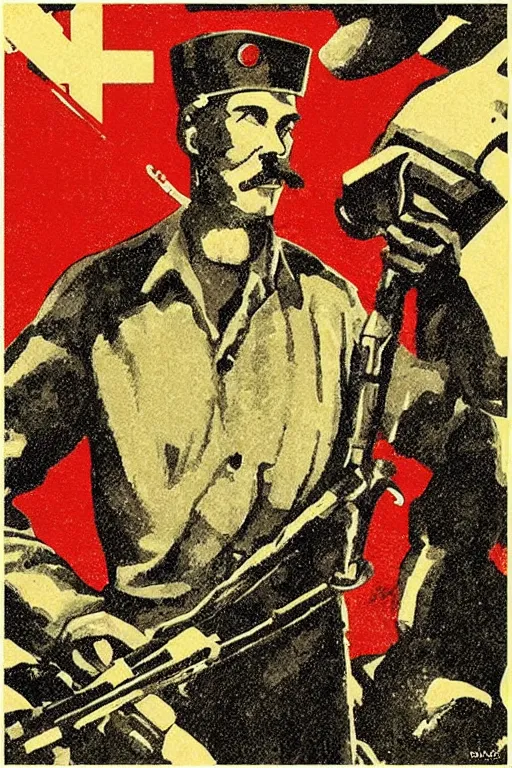 Prompt: “A metal detectorist in a Soviet propaganda poster, in the style of Dmitry Moor”