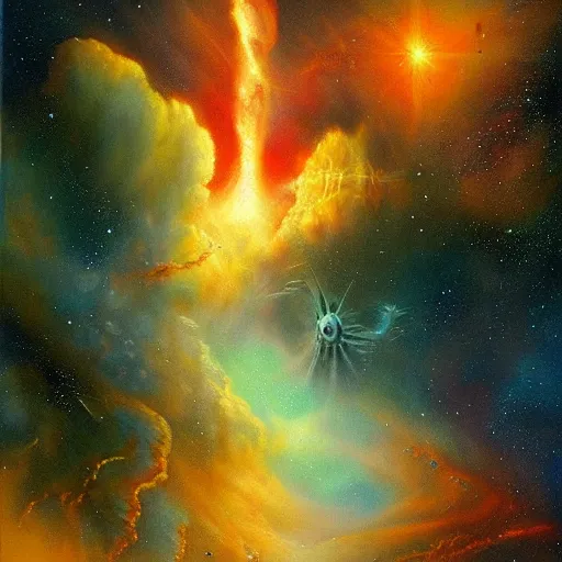 Prompt: A beautiful painting of a nebula Jim Burns