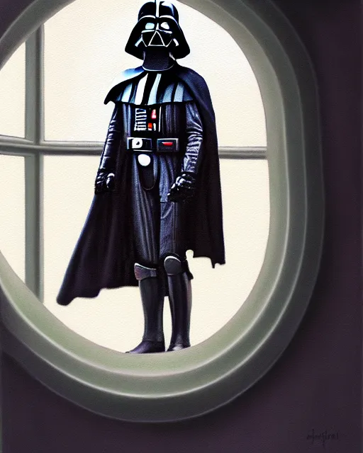 Image similar to pastel painting portrait of darth vader looking through a large window into space, high production value, intricate details, high resolution, hdr, high definition, masterpiece, realistic, ultrarealistic, highly detailed, hd, sharp focus, non blurry, sharp, smooth