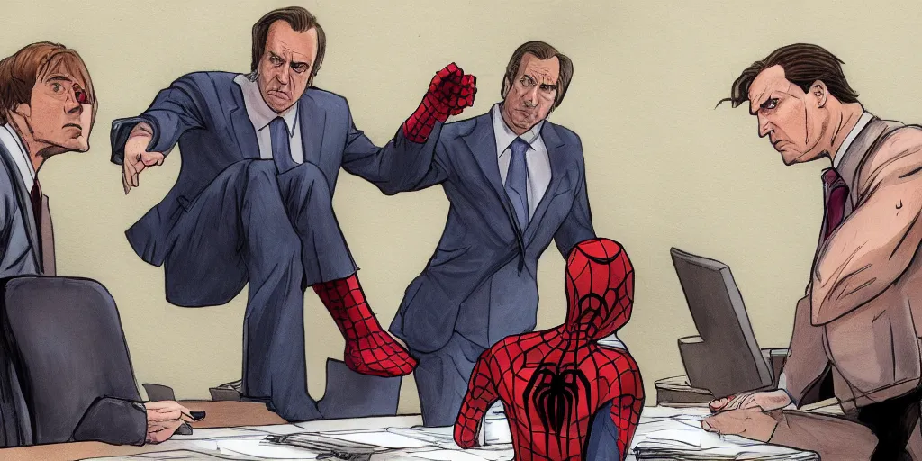 Image similar to Saul Goodman defending Spider-Man in court, photorealistic, 4K