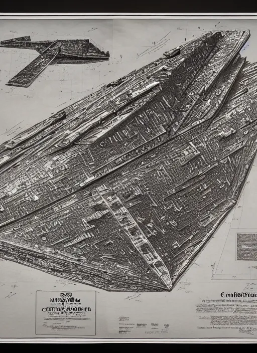 Prompt: detailed map of an imperial star destroyer, detailed, cartography, calligraphy, fine art, detailed, descriptive, directions, pictographs