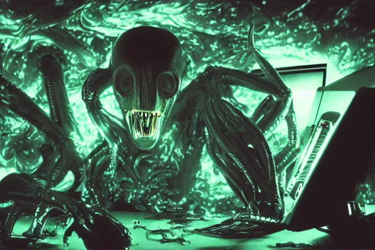 Prompt: alien monster using a computer to check their email, submerged in translucent goo, over the shoulder perspective, in 1 9 8 5, y 2 k cybercore, industrial low - light photography, in the style of tyler mitchell