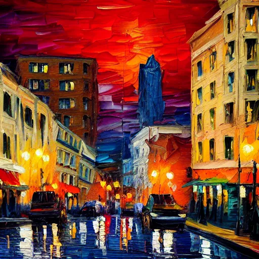 Image similar to palette knife oil painting of downtown portland at dusk