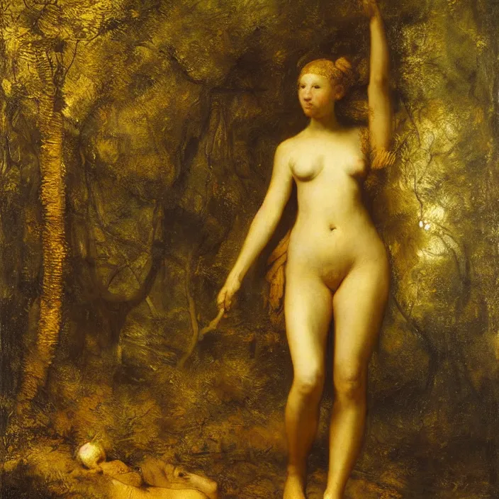 Prompt: a golden sculpture of girl body in a dark jungle landscape, oil painting by rembrandt