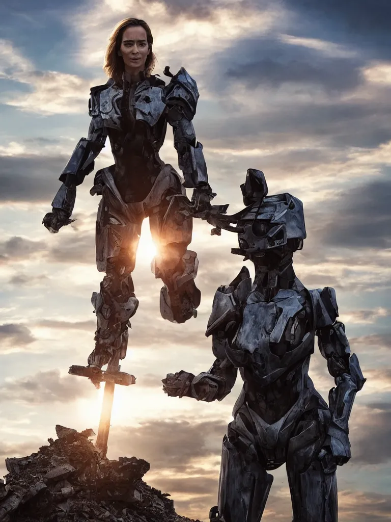 Image similar to emily blunt in futuristic power armor, close up portrait, solitary figure standing atop a pile of rubble, holding a sword on her shoulder, sunset and big clouds behind her