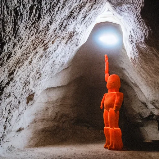 Image similar to photo of building and a giant orange glowing transparent humanoid of one thousand feet of height inside a cave