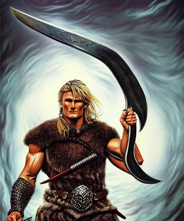 Image similar to a ( fantasy comic ) ( cover art ) portrait of ( dolph lundgren ) as a ( viking warlord ) pointing his sword at the viewer, oil painting by charles moll and don maitz and serhiy krykun and artgerm, photorealistic, d & d, highly detailed!, hd, 4 k, trending on artstation