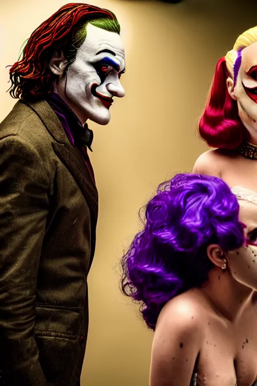 Image similar to joaquin phoenix joker with harley queen lady gaga, photorealistic, smooth, 4 k, aesthetic lighting, baroque object, sharp focus, hyperdetailed, professional photography, pullitzer winning, 8 0 0 photo by : canon eos 5 d mark iv, by karah mew and adnan abidi and jodie bateman