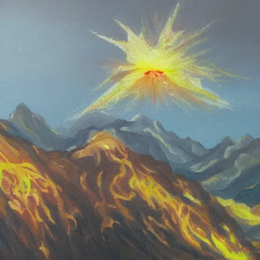 Image similar to A painting of a burning bush in mountainous terrain