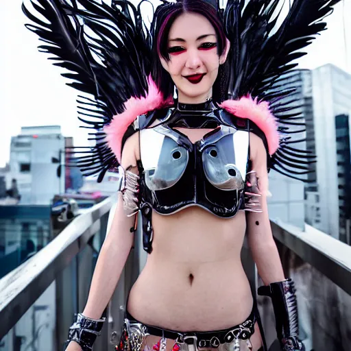 Image similar to portrait futuristic Devil Girl with horns and wings and feathers and armor stuuing smile in future cyberpunk tokyo rooftop sci-fi fan
