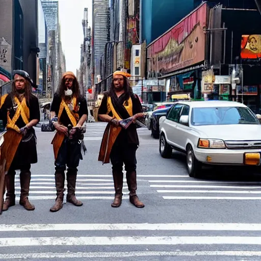 Image similar to real pirates standing with they swords ready in the middle of the road in new york city.