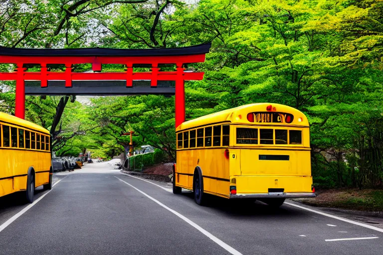 Image similar to Yellow school bus, driving towards a red japanese Torii gate, New York location in USA, ray tracing, high detail, 4K