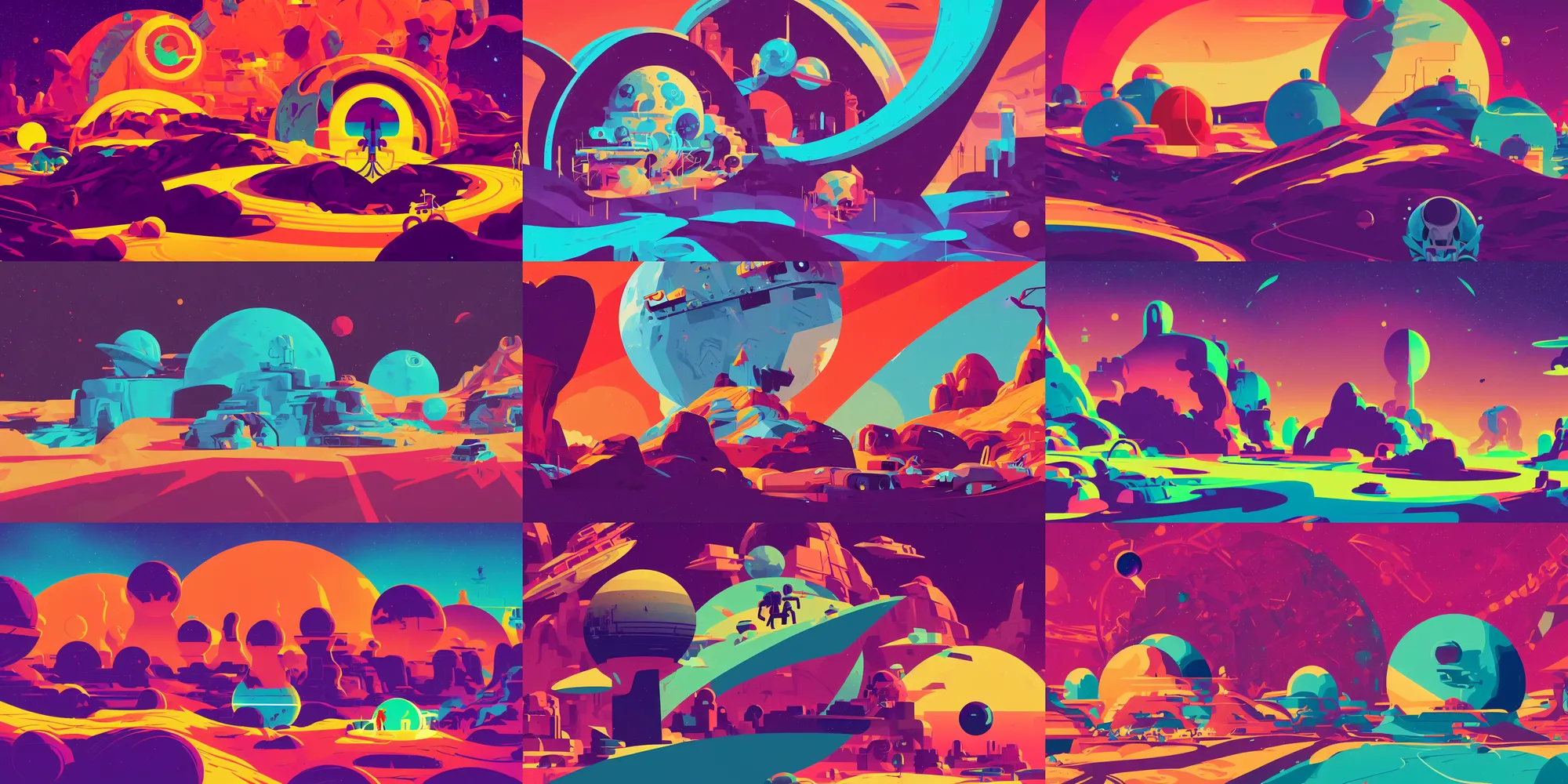 Prompt: cursed multicolored alien planet, tom whalen, james gilleard, liam brazier, tristan eaton