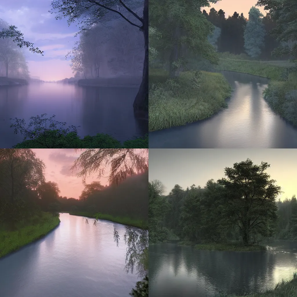 Prompt: a river surrounded by trees at dusk with light in the distance, a detailed matte painting by jack m. ducker, unsplash contest winner, magic realism, unreal engine, unreal engine 5, cryengine