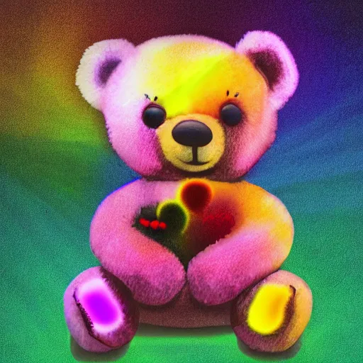 Image similar to teddy bear vomiting rainbow, photorealistic