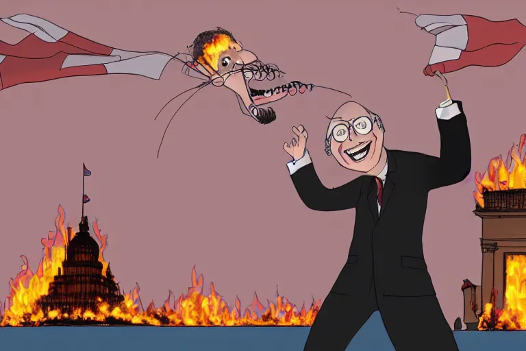 Image similar to senator mitch McConnell laughing maniacally in front of a burning capitol building, digital illustration by pixar and studio ghibli