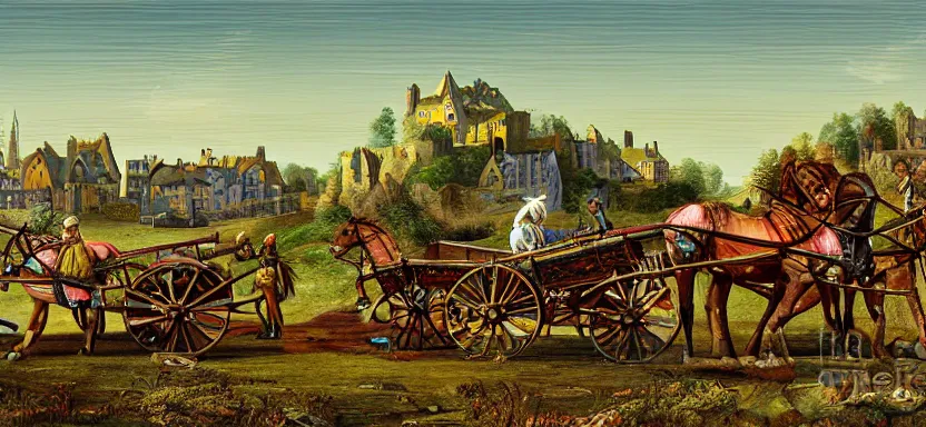 Image similar to a medieval horse - drawn cart, digital art, extreme detail, with the village in the distance